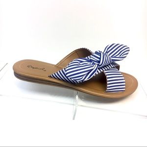 Striped Bow Sandals - Blue & White Fabric Mules